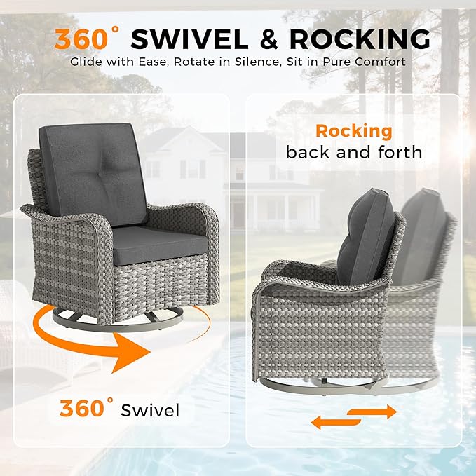 8-Seat Modern Patio Furniture Set with Swivel Rocking Chairs, Thick 4″ Cushions, Dual-Strand Wicker Rattan, Rust-Resistant Steel Frame – Outdoor Conversation & Modular Sectional,Black