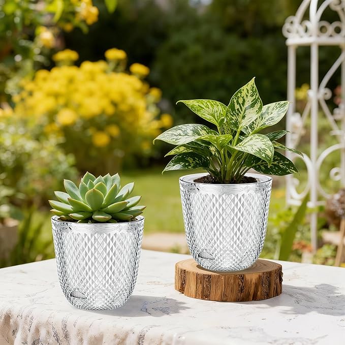 QCQHDU 2 Pack Self Watering Pots, 7.2 Inch Flower Pots with Drainage Holes and Water Filling Port, Garden Planter for Indoor Outdoor Plants (Clear)