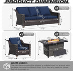 Joyside Wicker Patio Furniture Sets, 4 Pieces Upgraded Large Size Outdoor Furniture with Patio Dining Chair, 3-Seat Sofa, Fire Table,Thick Cushions, Wide Armrest, Blue