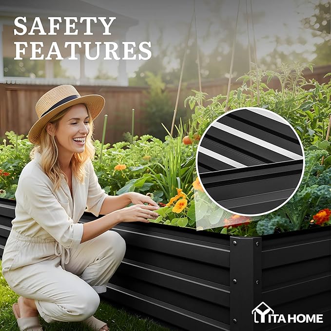 YITAHOME 4pcs 12x4x1 ft Galvanized Raised Garden Bed Kit, Large Metal Planter Box with Gloves, Safety Rubber & Support Rod, Outdoor Flower Bed for Plants Vegetables, Black
