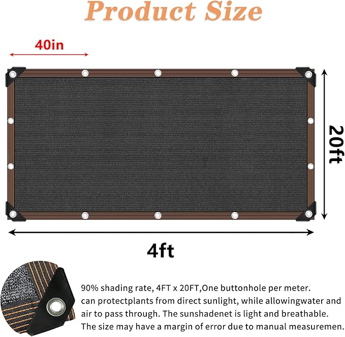 QLOFEI 4x20 FT Shade Cloth with Grommets, 90% Sun Shades Outdoor Patio Mesh Tarp, Easier to Hang Sunblock Neting Cover -for Garden Greenhouse Pergola Lawn Kennel Chicken Coop