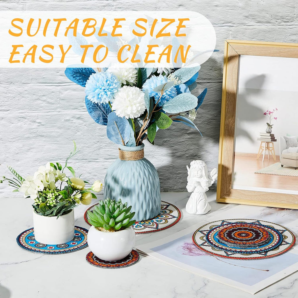 Nuanchu 6 Pcs Boho Plant Coasters 3 Size 3.94" 5.9" 7.87" Rubber Absorbent Non Slip Pot Mats Indoor Round Plant Decorative Pads Gardening Outdoor Patio Mandala Flower Protect Mat for Table Desk Floor