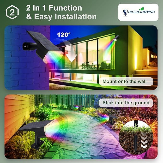 DINGLILIGHTING Solar Lights Outdoor Waterproof: IP65 Led Spot Light Decorations for Garden Yard - Multicolor RGB Solar Powered for Halloween Christmas - Dust to Dawn Uplighting Landscape Pathway 4PC