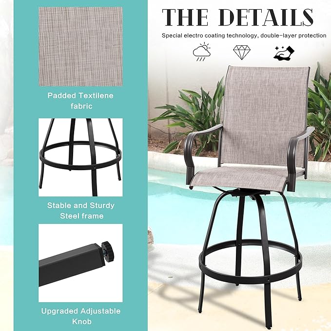 Vongrasig 5 Piece Patio Swivel Bar Set, All Weather Mental Textilene High Swivel Bar Stools Chair Set of 4 and Glass Bar Table, Outdoor High Top Bistro Set for Lawn Garden, Balcony, Taupe