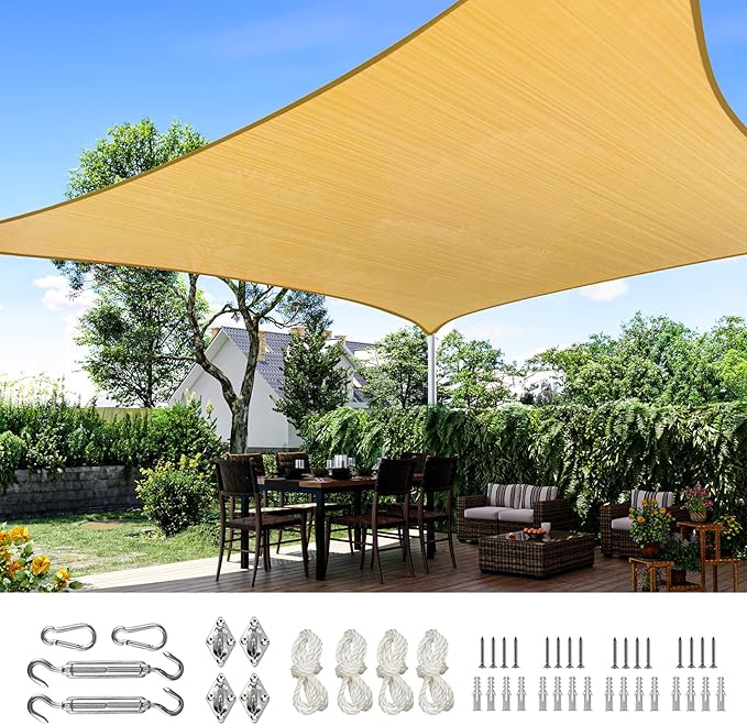 Quictent 20x16ft Rectangular Sun Shade Sail 185G HDPE Canopy 98% UV Block Outdoor Patio Garden Commercial Deck with Hardware Kit (Sand)