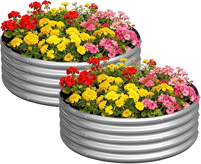 zizin 2 Pcs Round 3x3x1ft Raised Garden Bed Kit Metal Planter Box for Planting Vegetables, Silver