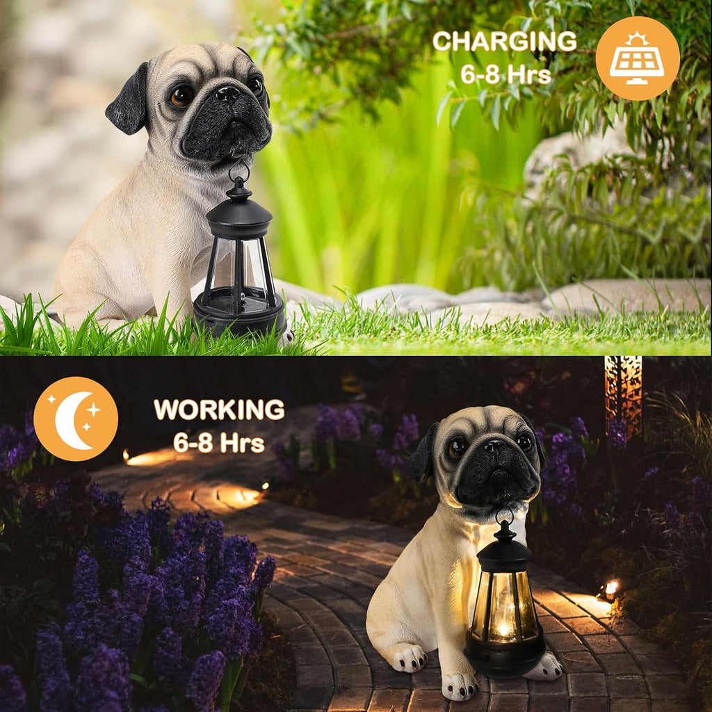 Solar Dog Garden Statues, Pug Garden Statue with Lantern Lights Outdoor | Pug Gifts for Pug Lovers, Dog Figurines with Warm Glow for Indoor Patio, Lawn, Yard Art Decoration and Garden Gift for Mom