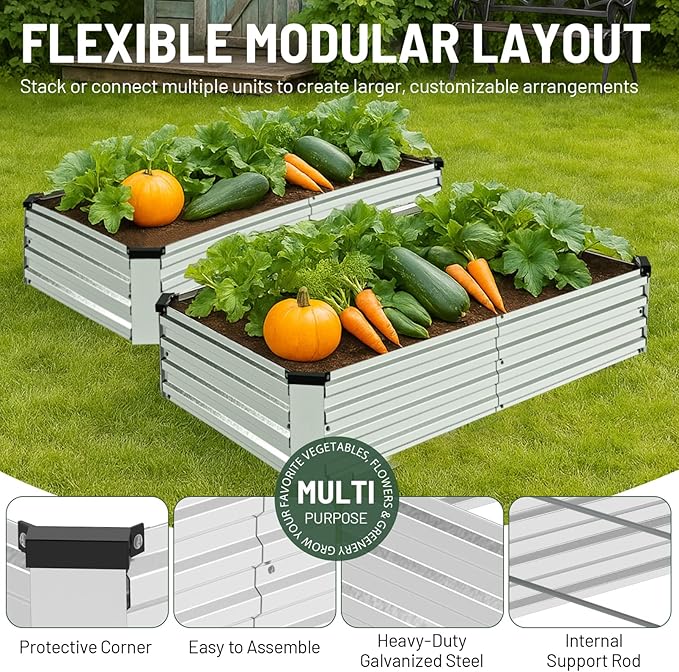 2 Pack 6x3x1FT Galvanized Metal Raised Garden Bed Kit for Vegetables, Herbs, Open-Bottom Large Capacity Outdoor Planter Box Gardening Stakes, Silver