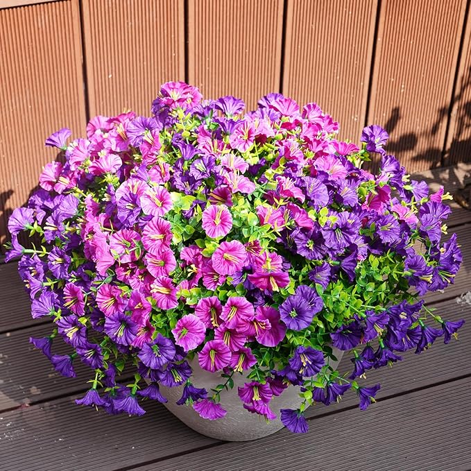 Artificial Flowers for Outdoors, UV Resistant Fake Silk Morning Glory, Realistic Faux Plants for Outside Porch Patio Window Box Hanging Planter (16, Purple Fuchsia)