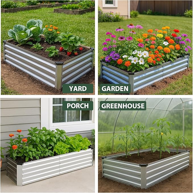 2 Pack 6x3x1FT Galvanized Metal Raised Garden Bed Kit for Vegetables, Herbs, Open-Bottom Large Capacity Outdoor Planter Box Gardening Stakes, Silver