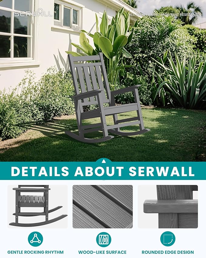 SERWALL HDPE Outdoor Rocking Chair Set of 6, Patio Rocking Chairs for Adults, All Weather Outdoor Rockers for Lawn, Grey