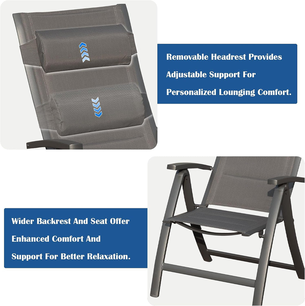 Domi Patio Folding Chairs Set of 2, Outdoor Reclining Chairs Set with Moveable Headrest, Aluminum Frame Outdoor Portable Chairs with Adjustable High Backrest and Padded Textilene Fabric Seat