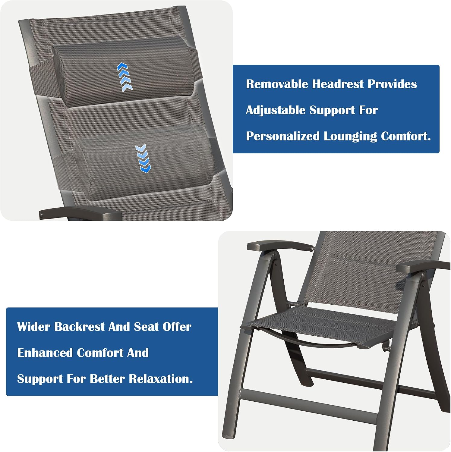Domi Patio Folding Chairs Set of 2, Outdoor Reclining Chairs Set with Moveable Headrest, Aluminum Frame Outdoor Portable Chairs with Adjustable High Backrest and Padded Textilene Fabric Seat