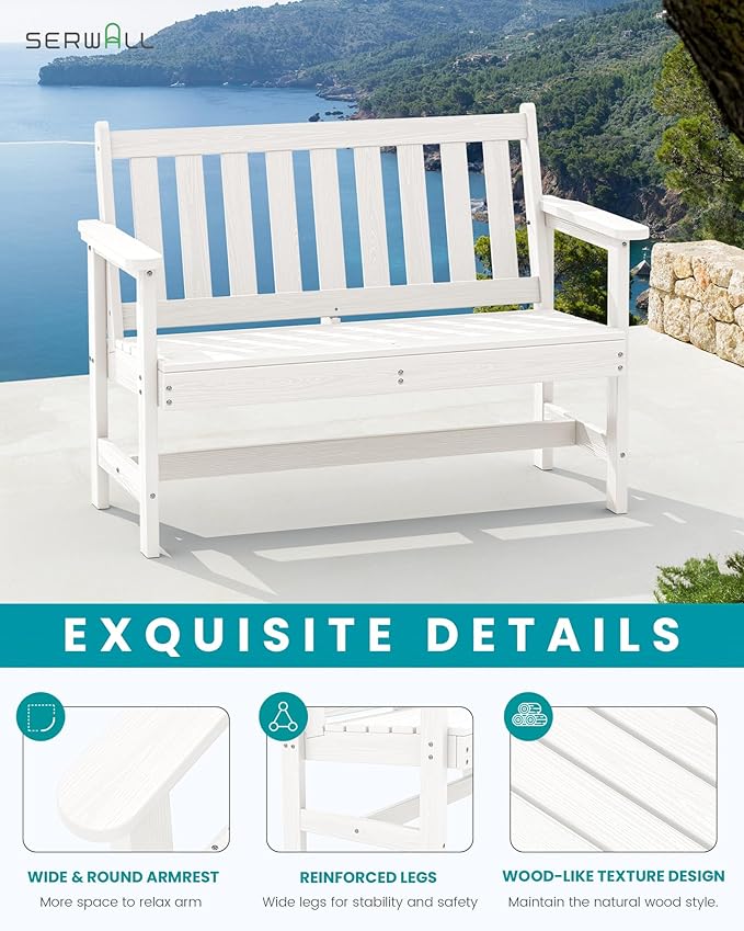 SERWALL Outdoor Bench, HDPE Outdoor Benches Weatherproof, 2-Person Garden Bench with 660 lbs Weight Capacity, Patio Benches for Outdoors, Garden, Porch, Backyard and Park, White, 6 Pack