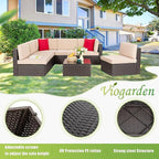 Vongrasig 7 Pieces Patio Furniture Sets, Outdoor Modular Sectional Sofa Patio Conversation Set PE Rattan Wicker Sectional Couch with Cushion, Glass Table for Patio, Garden, Poolside, Beige