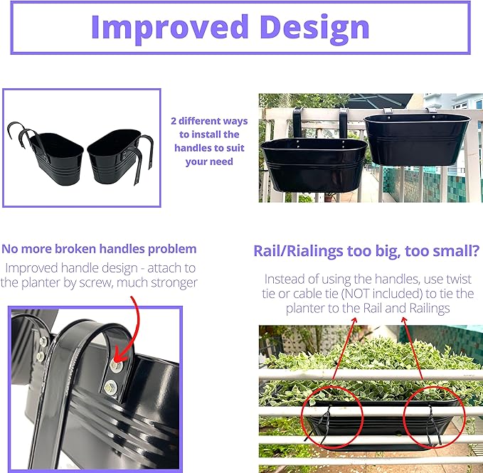 LaLaGreen Outdoor Rail Planter (11.8 Inch, 4 Pack) Black Metal Iron Hanging Flower Pots Deck Railings Fence Buckets Modern Countryside Boho Style Wall Mount Window Box Plant Holder Hooks Porch Decor
