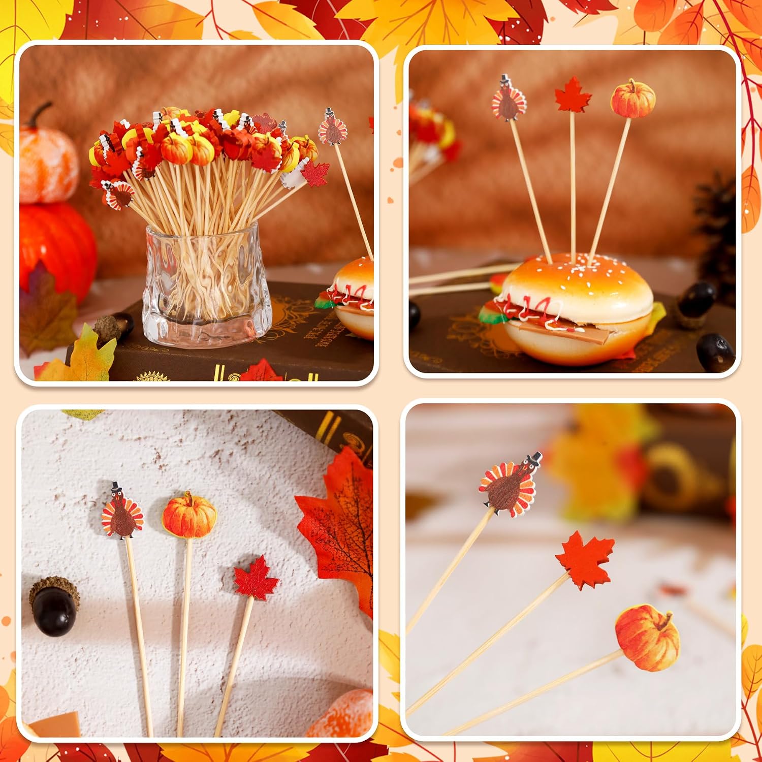 100pcs Fall Thanksgiving Cocktail Picks Pumpkins Maple Leaves Decorative Toothpicks for Appetizers Autumn 4.7 IN Bamboo Skewers Sticks for Fall Decorations Party Supplies(Turkey)