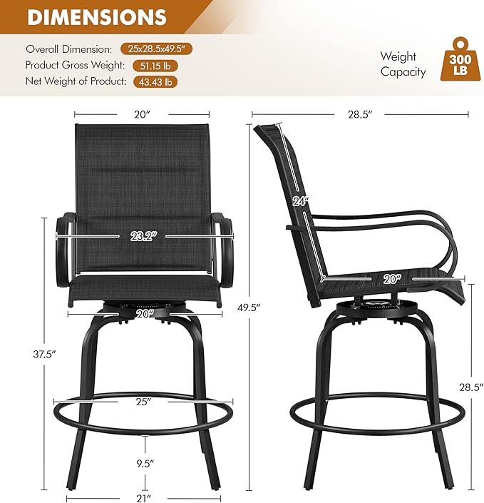 Yaheetech 4 Piece Patio Swivel Bar Stools, Texteline Outdoor Chairs with High Back/Armrest/Footrest, All Weather Padded Seating Outdoor Furniture Height for Outside, Lawn & Garden