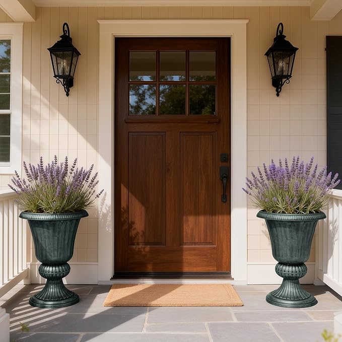 Athena Collection 20''H Bronze Garden Plastic Urn - Vintage Tall Large Planter for Indoor Outdoor Patio Porch, 2 Pieces Flower Pot, Dark Green