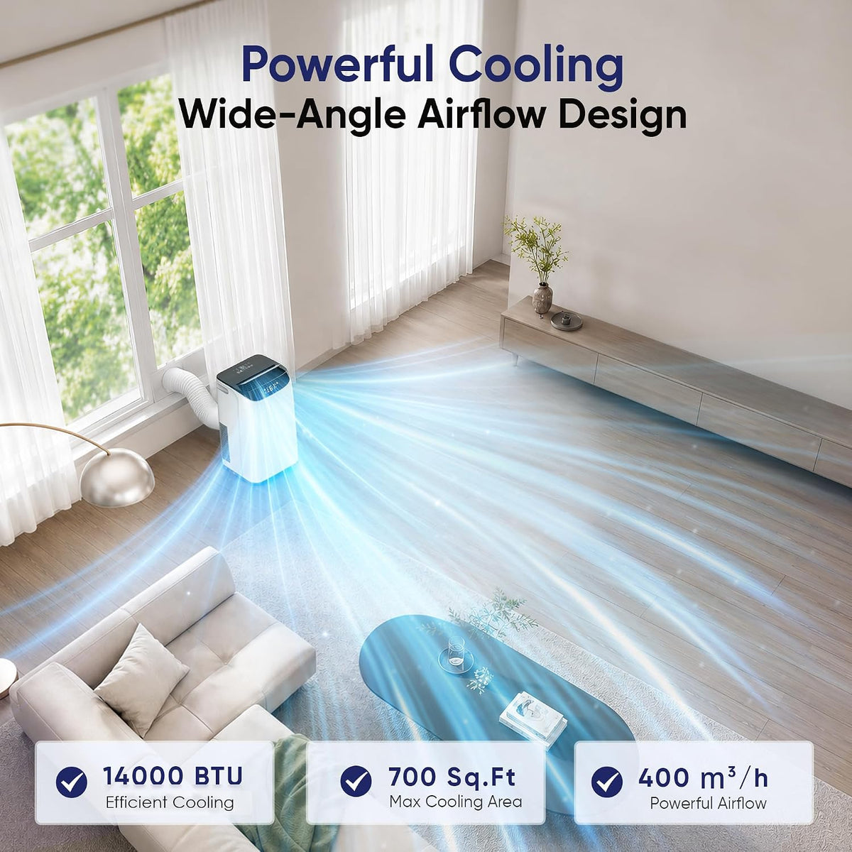 14000 btu portable air conditioners, cools up to shown in use