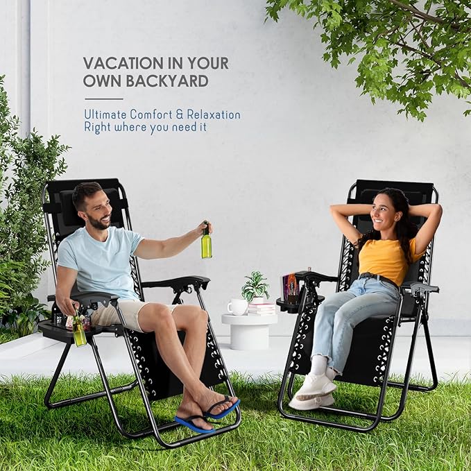 Nestl Zero Gravity Chairs, Portable Patio Lounge Chair Outdoor with Pillows & Cup Holder Trays, Adjustable Steel Mesh Reclining Camping Chair, Folding Patio Lawn Chair for Deck, Beach, Yard - Black
