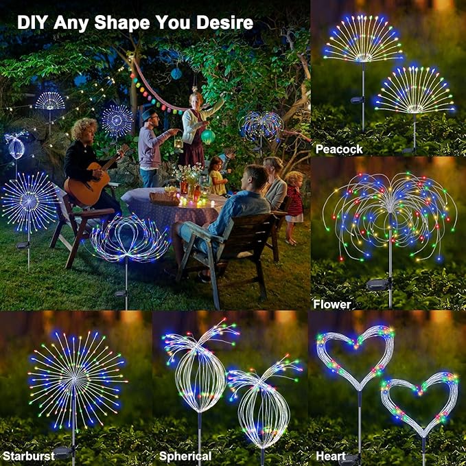 Solar Garden Lights Outdoor, 2 Pack 120 LED Twinkling Firework Lights Decorative with 2 Modes, Outdoor Waterproof Solar Starburst Light for Outside Yard Pathway Garden Decor, Multicolor