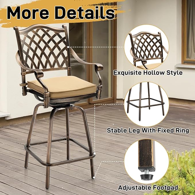 VINGLI 3 Piece Outdoor Patio Bar Set, Cast Aluminum Outdoor Swivel Bar Stools and Table w/Umberlla Hole, All-Weather Outdoor Bar Table and Chairs High Top Bistro Set w/Cushions (Grid Back)