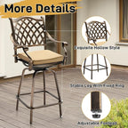 VINGLI 3 Piece Outdoor Patio Bar Set, Cast Aluminum Outdoor Swivel Bar Stools and Table w/Umberlla Hole, All-Weather Outdoor Bar Table and Chairs High Top Bistro Set w/Cushions (Grid Back)