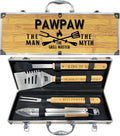 Paw Paw Gifts, Fathers Day Pawpaw Gifts from Grandkids Heavy Duty Wooden BBQ Grilling Accessories Kit for Backyard, Thick Stainless Steel Grill Utensils with Non-Slip Handle Tools in Portable Bag
