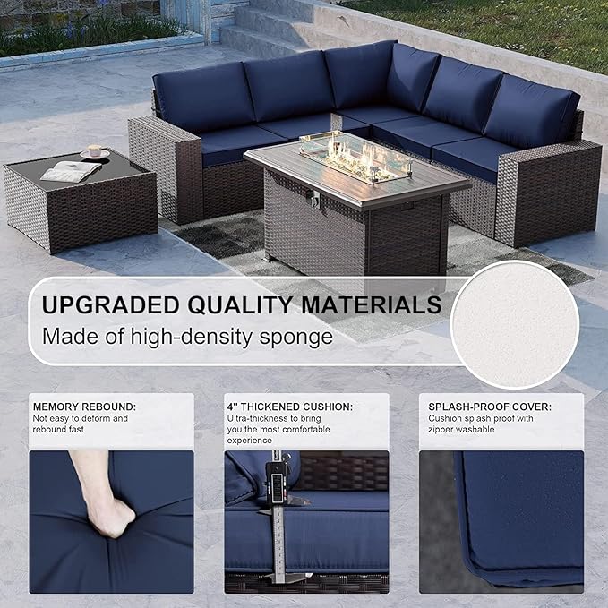Kullavik 10 Pieces Outdoor Patio Furniture Set,PE Wicker Rattan Sectional Sofa Patio Conversation Sets with 43" 55000BTU Gas Propane Fire Pit Table,Swivel Rocking Chairs Set,Navy Blue