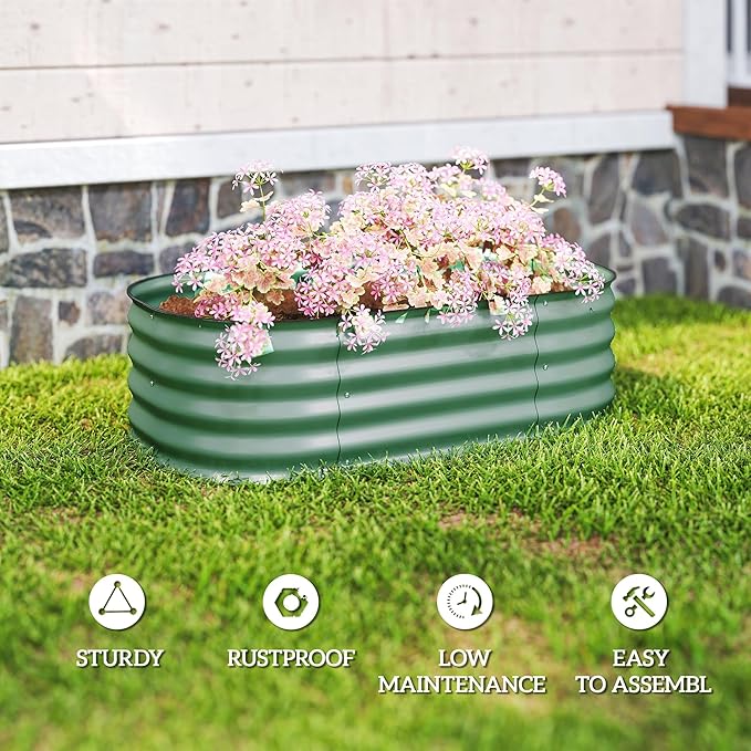 Outsunny 3.5' x 2' x 1' Galvanized Raised Garden Bed Kit, Outdoor Metal Elevated Planter Box with Safety Edging, Easy DIY Stock Tank for Growing Flowers, Herbs & Vegetables, Green