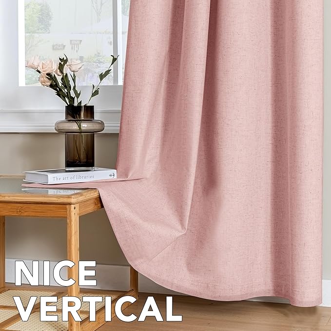 H.VERSAILTEX Linen Curtains 100% Blackout Curtains for Bedroom 96 inch Long Full Light Blocking Nature Linen Blended Window Curtains for Living Room Nickel Grommet (2 Panels, Heathered Baby Pink)