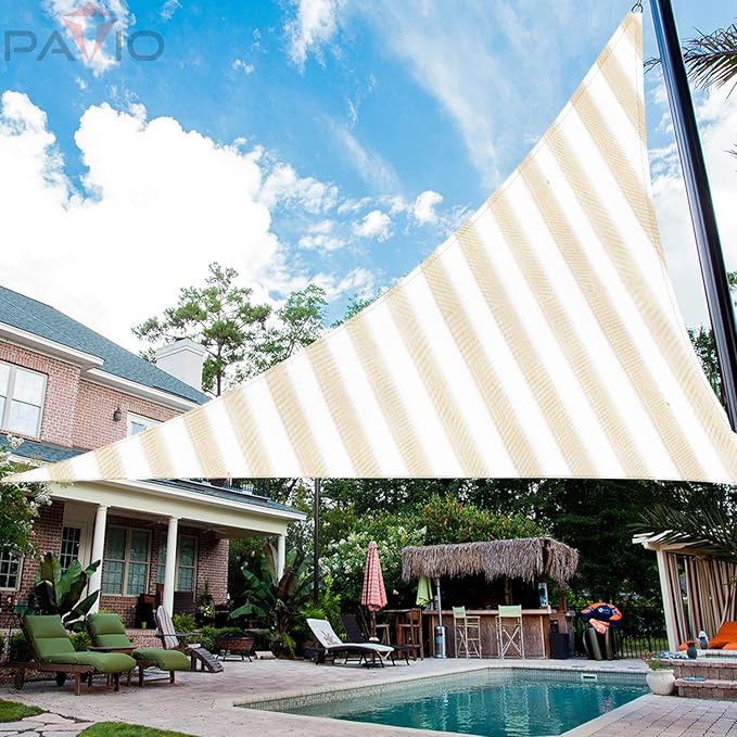 Patio Paradise 11' x 11' x 11' Sun Shade Sail Triangle Canopy Shade Cloth Fabric Sunlight Block Patio Pergola Cover HDPE Deck Awning for Outdoor Backyard Roof Shading, Beige White Strip