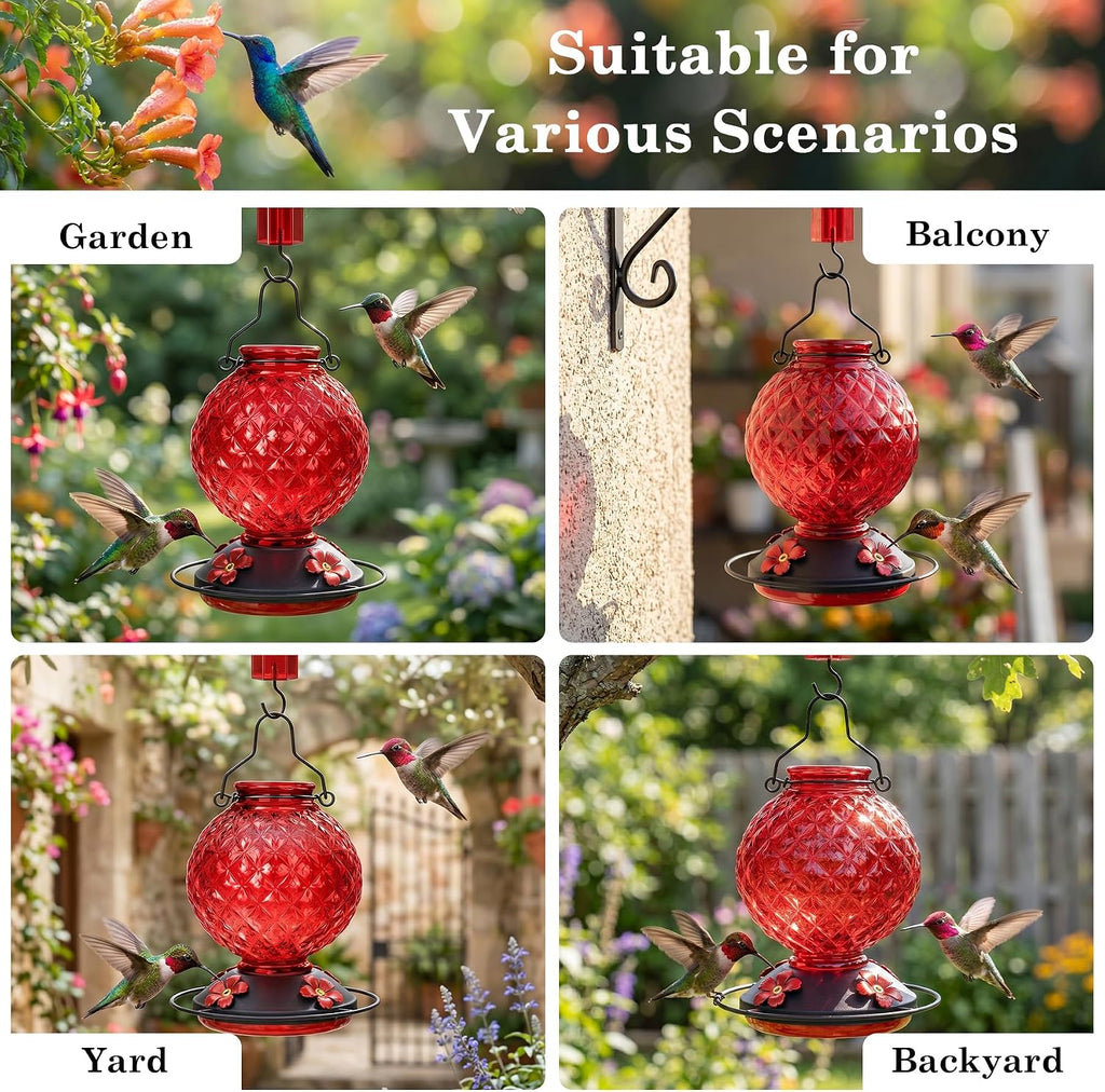 25 OZ Glass Hummingbird Feeder for Outdoors, Leak Proof Hummingbird Feeder with Ant Moat, 4 Bee Resistant Feeding Ports, Easy Clean Wide Mouth Design, Hanging Nectar Feeder, Red