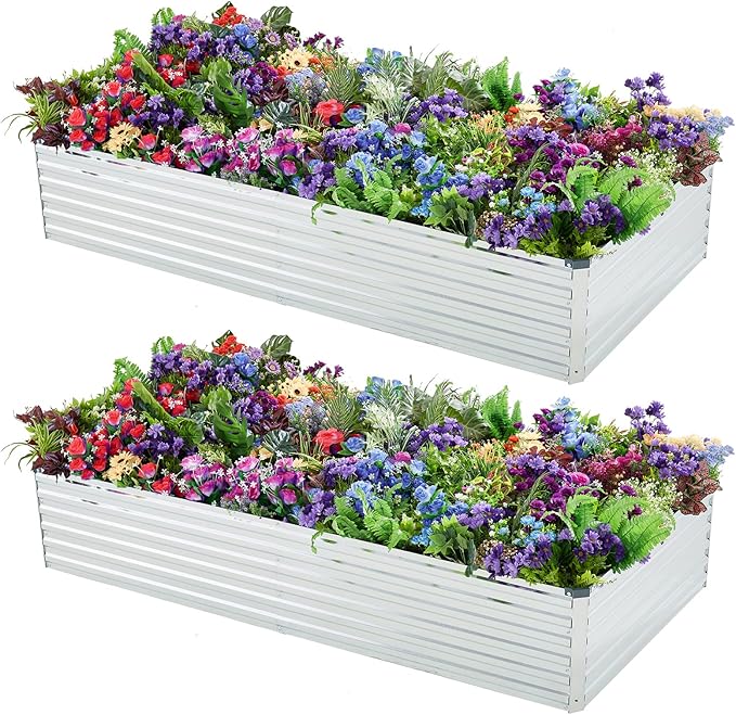 2 Pack 6x3x1FT Galvanized Raised Garden Bed Kit, Outdoor Metal Planter Box for Vegetables, Bottomless Rectangular Gardening Bed with Support Rods, Tool-Free Assembly, Silver