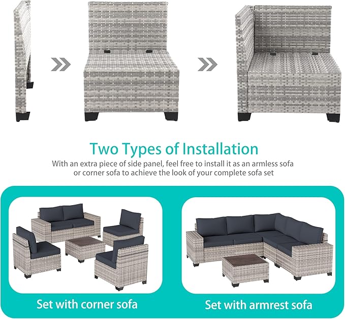 6-Piece Outdoor Patio Furniture Set Wicker Sectional Sofa Set, Patio Conversation Set with Thickened Cushions & Coffee Table for Garden, Backyard, Poolside, Dark Grey