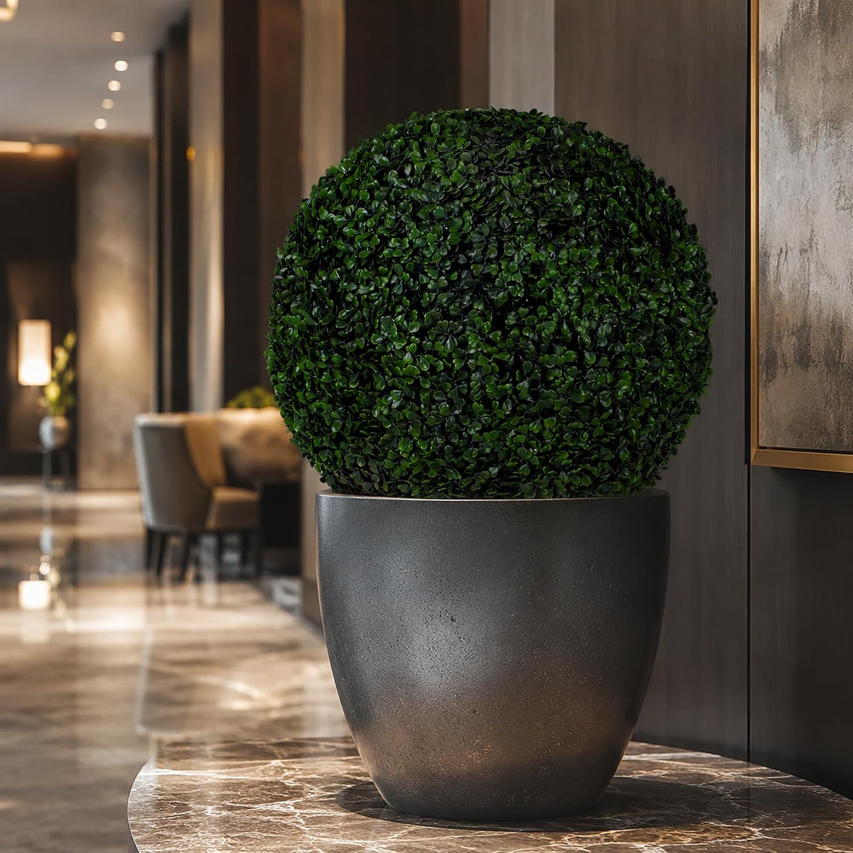 artificial boxwood topiary balls for outdoor decor, close-up detail