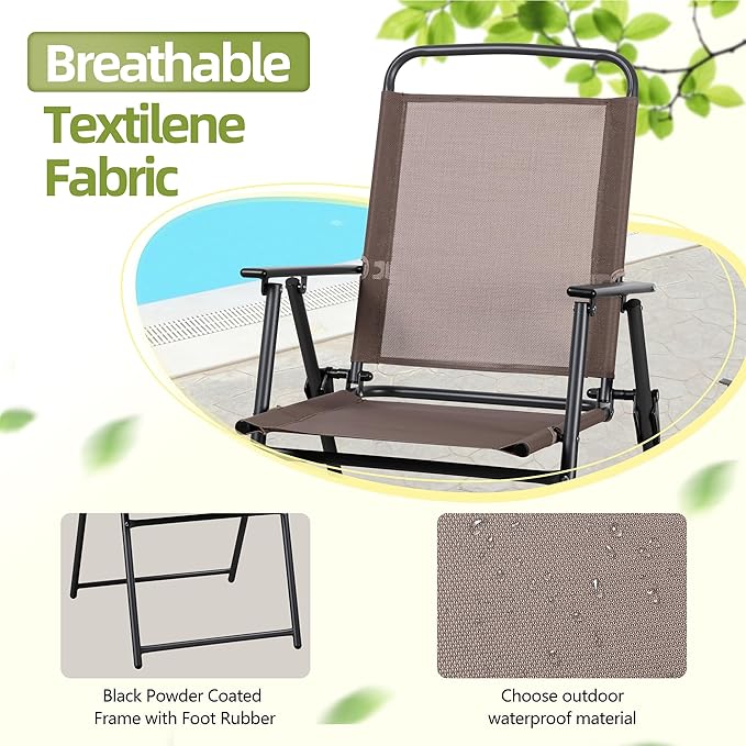 Vongrasig 6 Pieces Folding Patio Dining Set, All Weather Small Metal Outdoor Table and Chair Set, Garden Patio Furniture Set w/Umbrella, Glass Table & 4 Folding Chairs for Lawn, Backyard, Brown