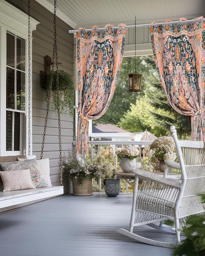 Rustic Boho Outdoor Curtains for Patio Waterproof, Grommet Privacy Curtain Drapes Weatherproof Outside Curtains for Porch GazeboPergola Cabana 2 Panel 54x108inch Ethnic Turkish Floral Geometric