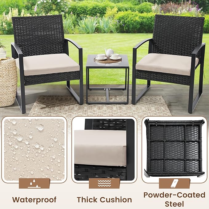 3 Piece Wicker Patio Bistro Set, Rattan Conversation Set with Coffee Table, for Balcony, Porch, Garden, Yard, Poolside, Black Frame with Beige Cushion