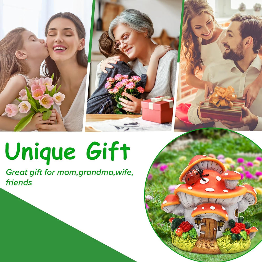 WINTS Solar Mushroom House Statue,Fairy Garden Houses with Solar Lights, Outdoor Mushroom Garden Statue Decoration for Fairy House, Outside Lawn Yard Patio, Gifts for Mom