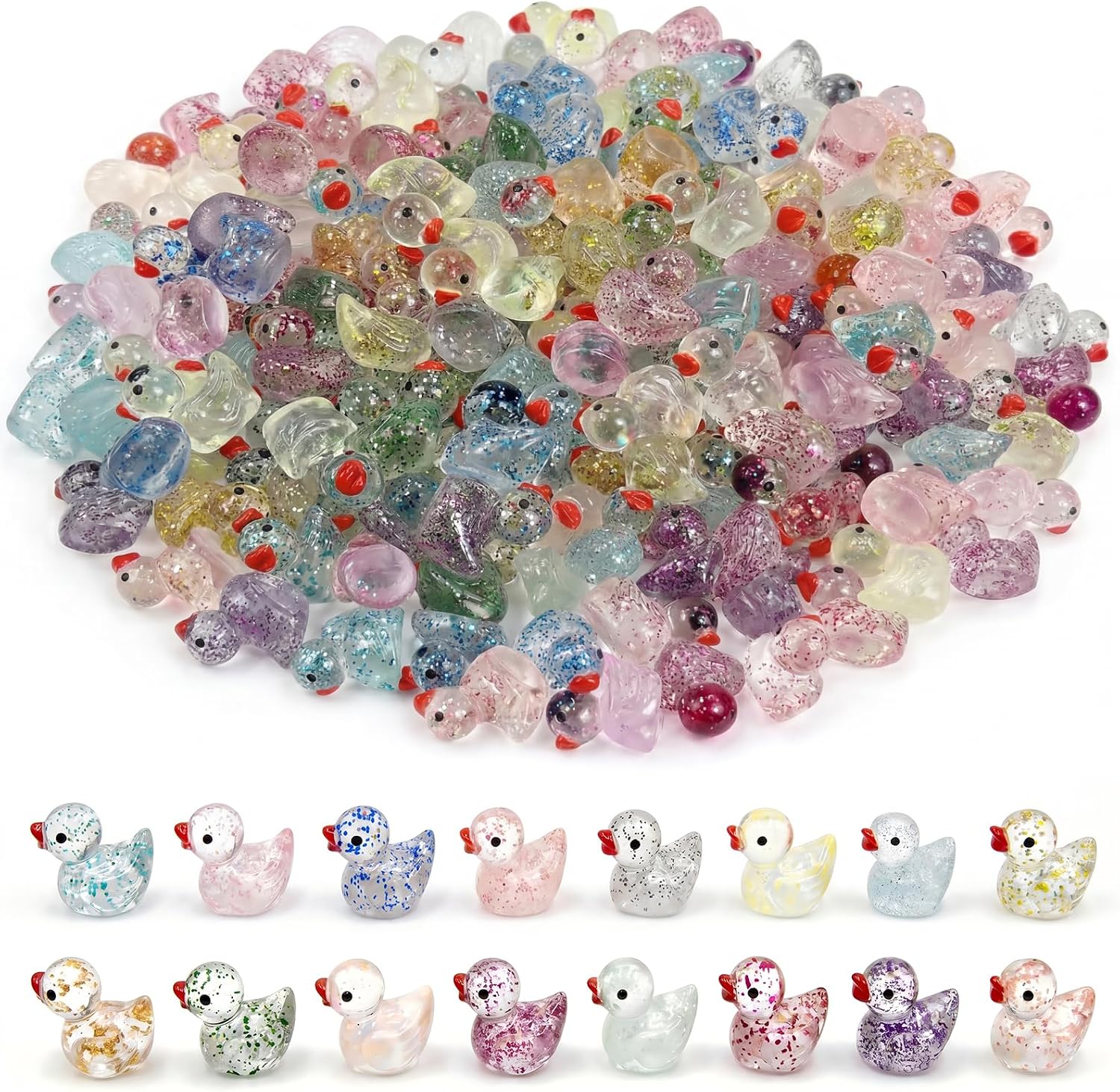 160 Pcs Mini Glitter Resin Ducks Non-Glow, 16 Colors Tiny Ducks to Hide Small Plastic Ducks Little Ducks for Fairy Garden Aquarium Micro Landscape Desk Decor DIY Crafts