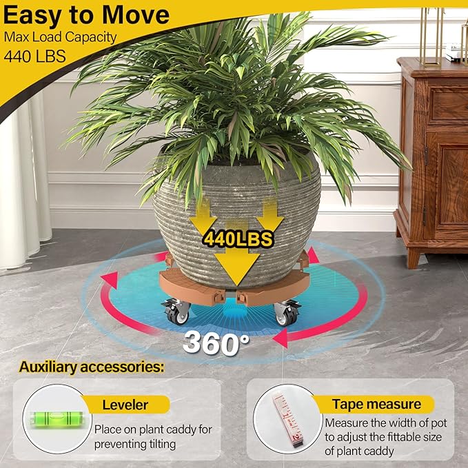 Goovilla Plant Stand with Wheels Heavy Duty, 1Pack Adjustable 15-22 Plant Caddy with Lockable Caster Wheels 440LBS, Rolling Plant Stand/Dolly/Roller for Indoor Outdoor Large Planter, Flower Pot,Khaki