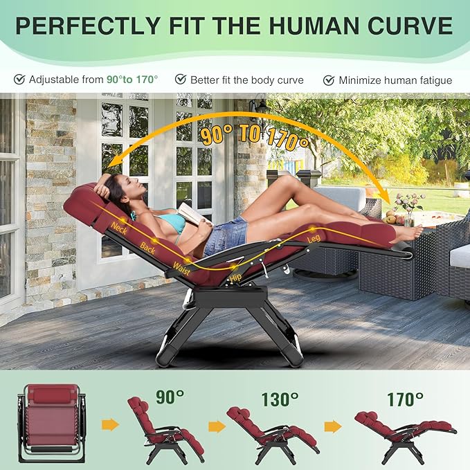 Suteck Oversized Zero Gravity Chair, 29In XL Outdoor Recliner Chair w/Removable Cushion&Headrest, Camping Lounge Chair w/Upgraded Lock&Footrest, Reclining Patio Chairs for Indoor Outdoor,500LBS