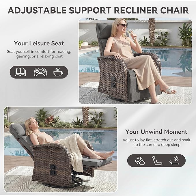 Zero Gravity Patio Swivel Rocking Recliner Chair - Wicker Outdoor Lounge Chair with Adjustable Backrest & Footrest, All Weather Reclining Rocker Chairs with Thick Cushion for Pool Deck Gray