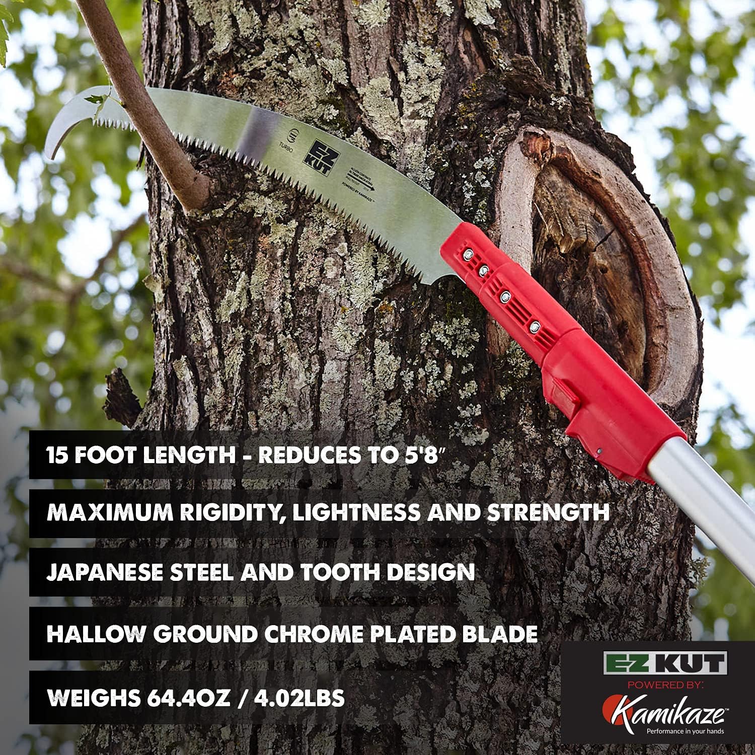 EZ Kut Kamikaze 15′ Extendable Tree Trimmer Pole Saw - Branch Cutter with Single Hook Pole Saw Blade for Branch Removal - Best Pole Saws for Tree Trimming. Tree pruner pole saw since 1988