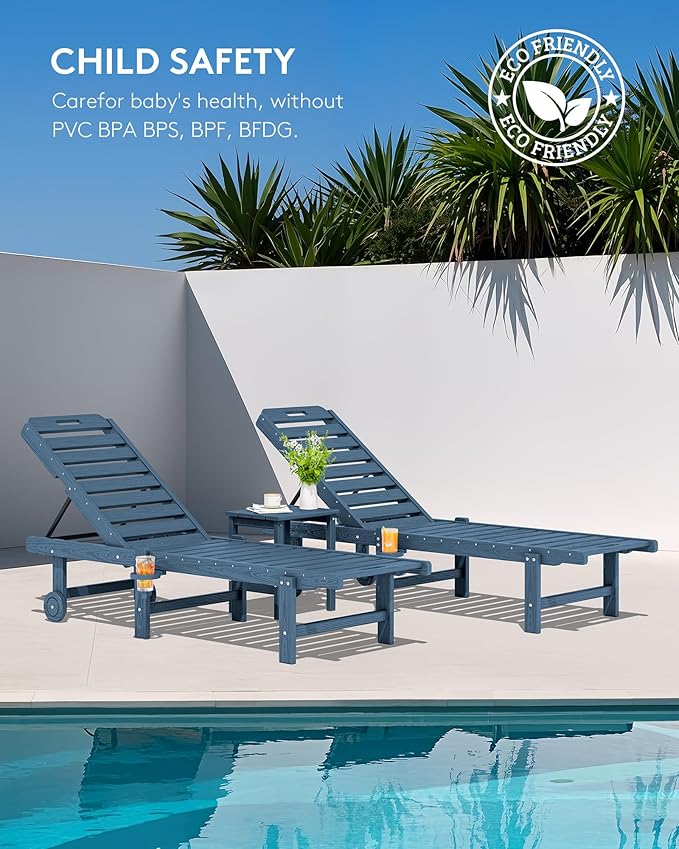 SERWALL Outdoor Chaise Lounge, Patio Chaise Lounge Chair with 5 Positions Adjustable Backrest, HDPE Lounger with Rolling Wheels & Cup Holder for Pool, Navy