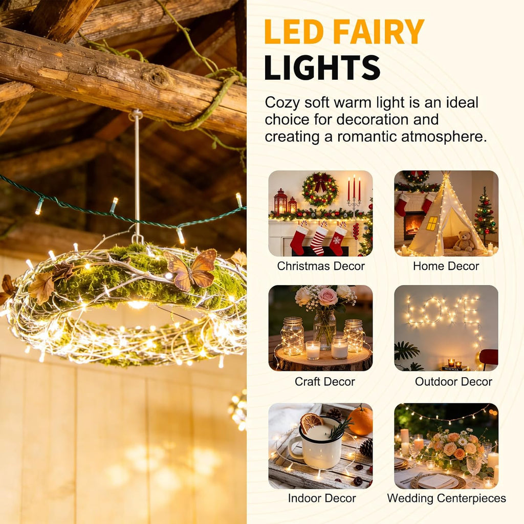 100 LED Fairy Lights 33 ft LED Twinkle Lights 8 Modes Plug-in with Memory Function Green Christmas String Light for Bedroom Xmas Tree Wreath Patio Party Spring Outdoor Decor