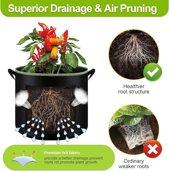 6-Pack 5/7/10 Gallon Grow Bags - 300G Heavy Duty Aeration Fabric Pots with Handles,Thickened Nonwoven Planter Bags for Vegetables Flowers Fruits
