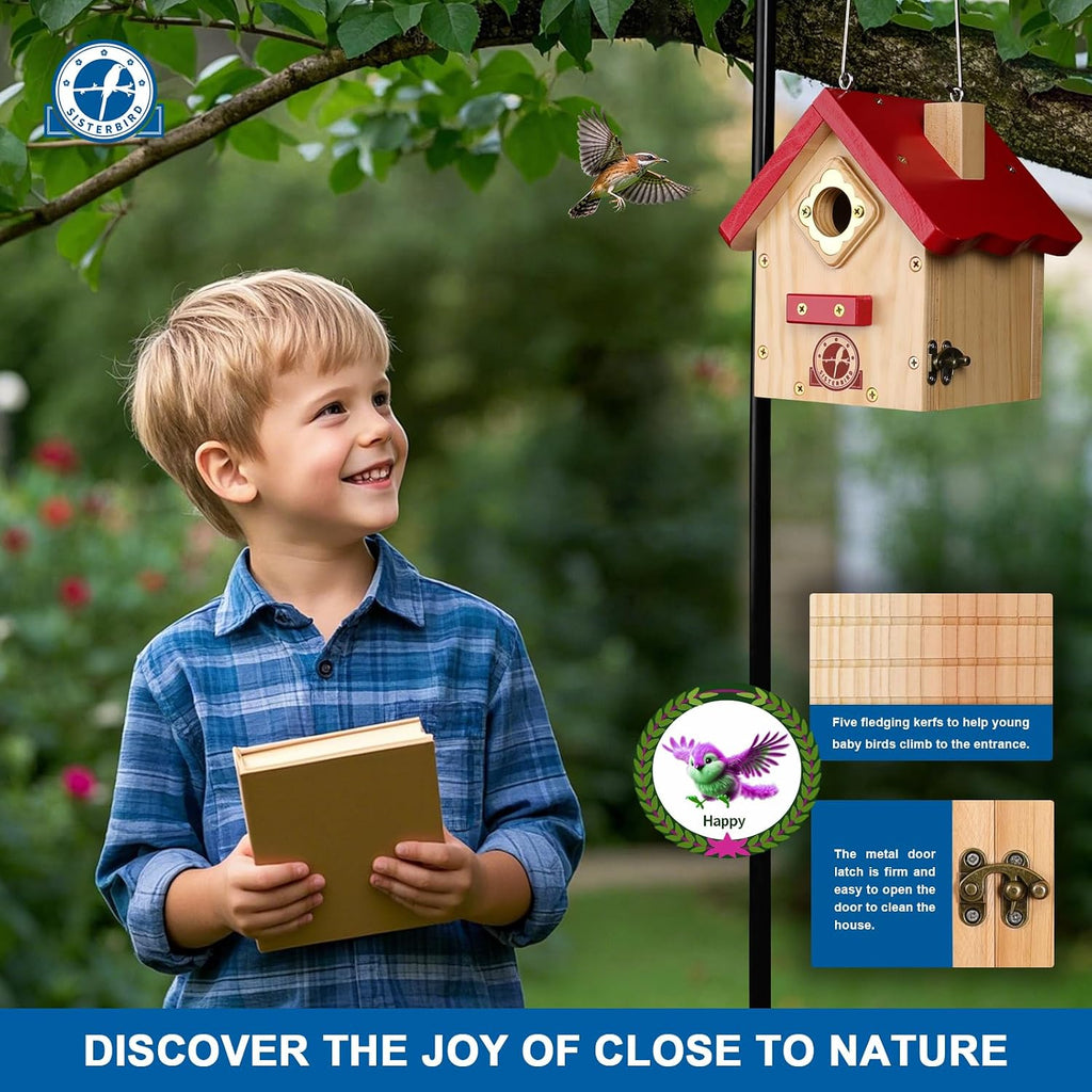 SISTERBIRD Wren Bird House, Premium Wooden Bird Houses for Outside, Classic Cabin Design Birdhouses for Outdoors, Hanging Bird House, Red-Breasted Nuthatch Wren Chickadee